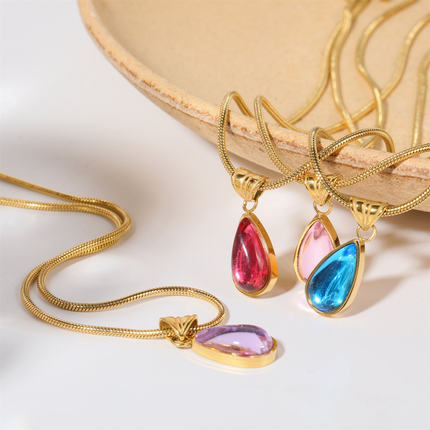 Wholesale December Birthday Stone Water Drop Titanium Steel Necklaces